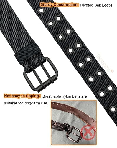 Nylon Web Belts, Double Hole Grommet Canvas Waist Belt for Men & Women Punk Halloween Belt for Jeans Teenager Unisex Black thumbnail 5