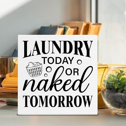 Laundry Sign - Funny Laundry Room Signs Laundry Today or Naked Tomorrow Wood Block Sign Farmhouse Decoration for Home Laundry Room Shelf Desk Table thumbnail 2