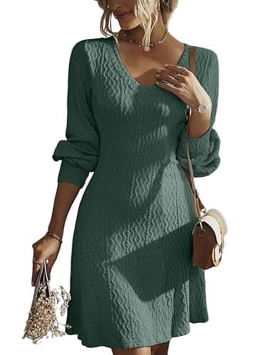 Dokotoo Winter Dresses for Women Trendy V Neck Knit A Line Long Sleeve Dress Sweater Dress - Image 1