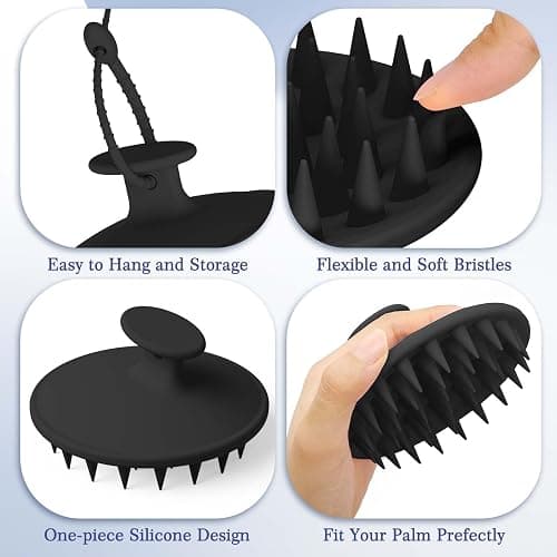 Manmihealth Silicone Back Scrubber & Soft Bath Glove, Silicone Scalp Massager Set 5 PCS, Super-Exfoliating Body Scrubber Shower Brush & Shampoo Brush Combination, with 2 Free Hooks (Style 1 Black) thumbnail 5