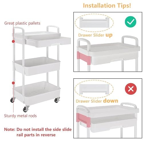 Calmootey 3-Tier Rolling Utility Cart with Drawer,Multifunctional Storage Organizer with Plastic Shelf & Metal Wheels,Storage Cart for Kitchen,Bathroom,Living Room,Office,White thumbnail 6