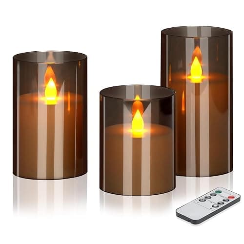 wemarry Flameless Candles 4" 5" 6" Set of 3 Acrylic Glass Pillars 3" Diameter Battery Operated Flickering Candles Include 10-Key Remote with Timer Function 400+ Hours (Gray, Warm Light 3 Pack) - Image 1