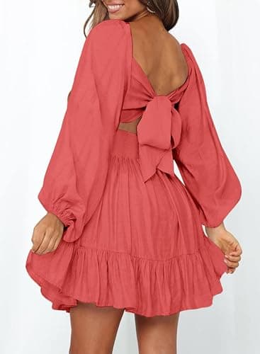 Dokotoo Womens Dress Long Lantern Sleeve Square Neck Tie Backless Sexy Dress Ruffle Elastic Waist A-Line Mini Dress thumbnail 2