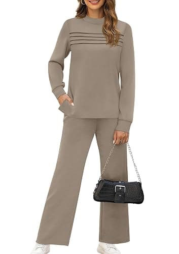 WIHOLL Two Piece Sets for Women Fall Travel Vacation Outfits Long Sleeve Lounge Sets Side Slit Wide Leg Pants S-3XL thumbnail 2