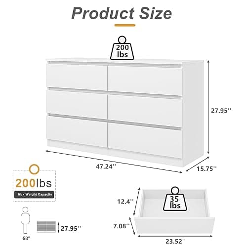 Vibe & Dine White Dresser, Modern 6 Drawer Double Dresser for Bedroom, Wood Chest of Drawers with Wide Storage for Living Room thumbnail 3
