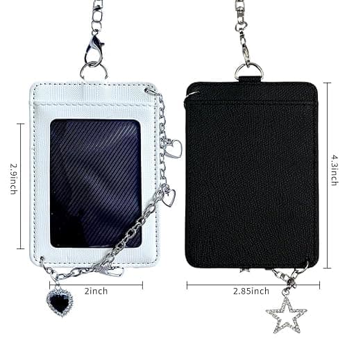 K-pop Photocard Holder Keychain with Metal Chain – 2 pcs Hard Protective Card Case with Heart & Star Clip Keychain, Decorative Charms for Toploader or Badge Black and White thumbnail 3