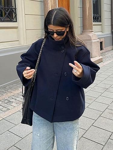 CHARTOU Women Crop Pea Coat Wool Blend Winter Loose Casual Short Jacket Outwear thumbnail 4