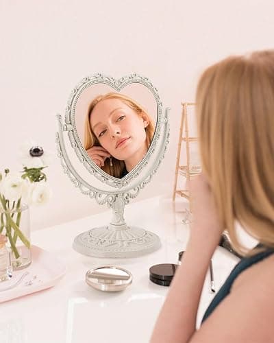 D&XQAUO Vintage Heart Mirror for Desk Cute Coquette Room Decor,Vanity & Bathroom Double-Sided Rotating Makeup Table Mirror with Stand thumbnail 6