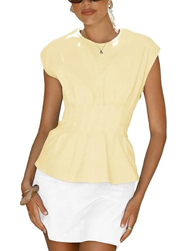 Yegthou Women's Peplum Tops Short Sleeve Summer Blouses T-Shirts Dressy Casual Crew Neck Pleated Babydoll Top for Work - Image 1