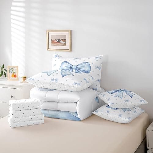Erosebridal Cute Blue Bowknot Bed in A Bag with Sheets for Kids Girls Teen,Kawaii Dreamy Bow Queen Comforter Set 7 Piece Princess Blue White Heart Decor Bedding Set Soft Sheet Set with Comforter thumbnail 6