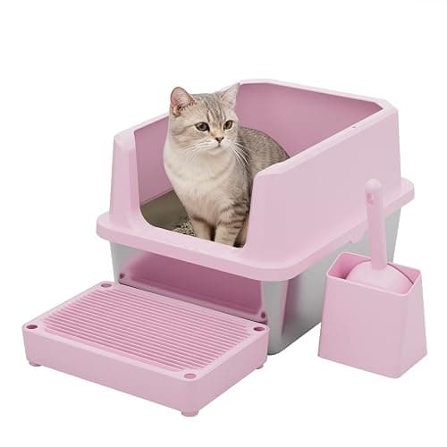 RIZZARI Pink Open-Top Cat Litter Box with Stainless Steel Pan - Extra-Large, Non-Porous & Easy Clean, High Sides Anti-Scatter, Includes Scoop, for Apartment Bathroom or Laundry Room - Image 1