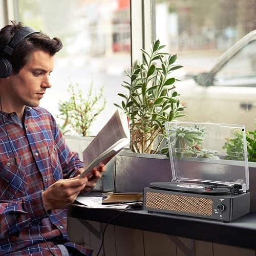 Vinyl Record Player with Speakers Vintage Turntable for Vinyls Records Belt-Driven Turn Table Support 3-Speed, Wireless Playback, Headphone, AUX-in, RCA Line LP Phonograph for Sound Enjoyment Black thumbnail 8