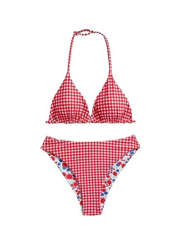 RoseSeek Girl's 2 Piece Swimsuits Floral Gingham Halter Triangle Wireless Bikini Bathing Suit thumbnail 2