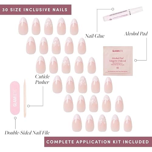 Glamnetic Press On Nails - All Time Love | Short Almond Nails with French Tips and Leaf Accents, Reusable Stick On Fake Nails | Love In Bloom Spring Nails | 15 Sizes - 30 Nail Kit with Glue thumbnail 4