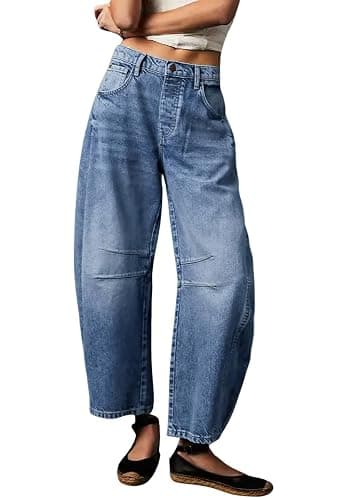 Womens Stretchy Mid Rise Barrel Jeans Vintage Loose Wide Leg Cropped Denim Pants Y2k Baggy Boyfriend Jeans - Image 1