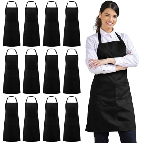 Syntus 12 Pack Bib Apron, Unisex Aprons Adjustable Waterdrop Resistant with 2 Pockets Cooking Kitchen Apron for Chef, BBQ Drawing Apron Bulk, Black - Image 1