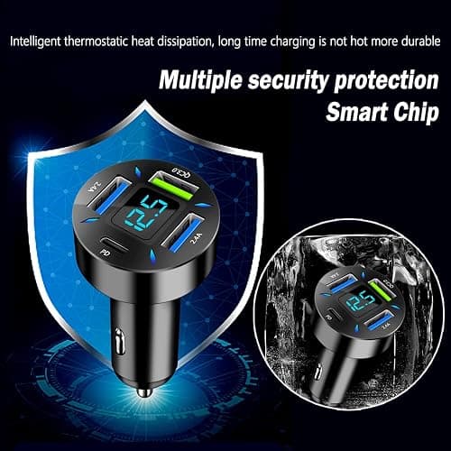 Car Charger 66W Super Fast Charging with USB PD&QC 3.0(Voltmeter&LED Lights) Universal Quick Charge for 12-24V Car Cigarette Lighter Plug,Compatible with iPhone 14 13 12,S22 S21 S20,iPad(Black) thumbnail 5