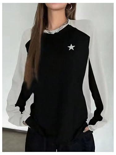 SHENHE Women's Color Block Crew Neck Star Graphic Raglan Shirt Loose Long Sleeve Tee Top - Large - White and Black thumbnail 3