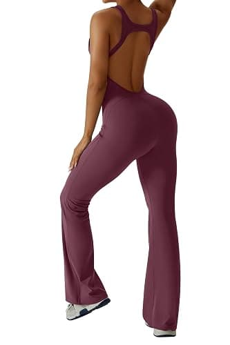 OEAK Womens Flare Jumpsuit with Bra Tummy Control Cutout Romper Workout Outfit Sleeveless Unitard One Piece Backless Bodysuit thumbnail 4