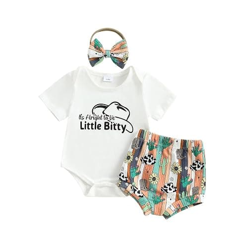 KMBANGI Western Cowgirl Baby Summer Outfits Newborn Girl Short Sleeve Letters Print T-Shirt Romper Bib Shorts Headband 0-18M - Image 1