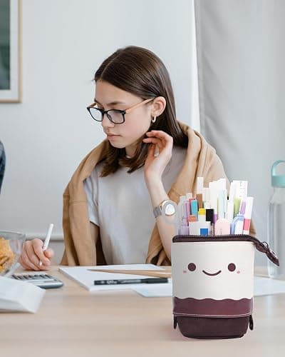 Sooez Kawaii Stand Up Pencil Case - Spacious Telescopic Pouch for School & Office Supplies, Brown Coffee thumbnail 2