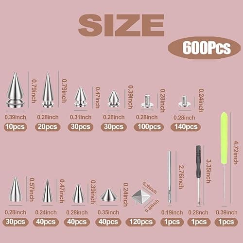 XKCWXY 600 Sets Punk Studs and Spikes Kit，8 Size Cone Spikes and Square Pyrami Studs for Clothing,Metal Tree Spikes Studs for Leathercraft and Punk Style Clothing Accessories DIY Craft Decoration thumbnail 3