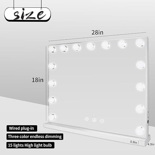 MKupView 22.8" x 18.2" Vanity Mirror with Lights White Makeup Mirror Hollywood Mirror with 15 Dimmable LED Bulbs 3 Color Modes 10X Magnification & USB Charging Port Mirror for Wall-Mounted thumbnail 2