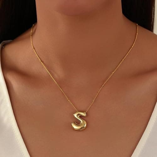 Gold Bubble Letter Necklace,14k Gold/Silver Plated Balloon Initial Letter Pendant Necklace Dainty Chunky Charm Name Necklaces Trendy Personalized Jewelry Gift for Women thumbnail 3