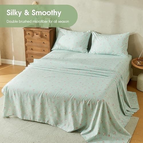 HYPREST Mint Floral Sheets Queen Size, Deep Pocket Sheets Soft Breathable Farmhouse 4pcs Bed Sheet Sets thumbnail 3