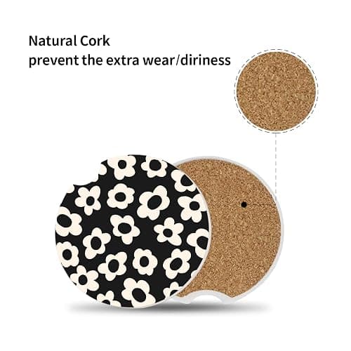 Adastrah Absorbent Car Coasters 2 Pack for Cup Holders, 2.56" Ceramic Stone & Non-Scratch Cork Base Drink Coasters(White Flower) thumbnail 3