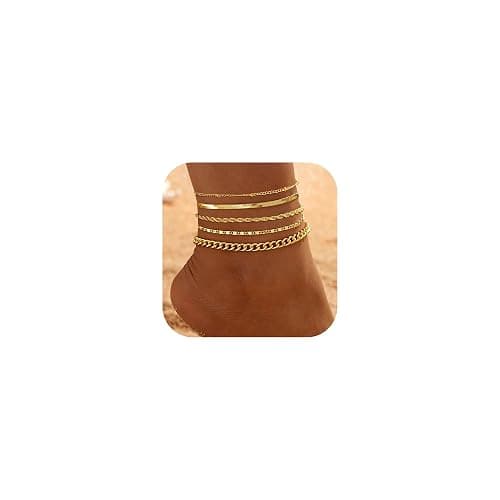 iF YOU Gold Ankle Bracelets for Women, 14k Gold Plated Waterproof Cuban Link Chain Anklets Set, Layered Anklet Bracelets for Women Beach Gift Adjustable Size 5pc - Image 1