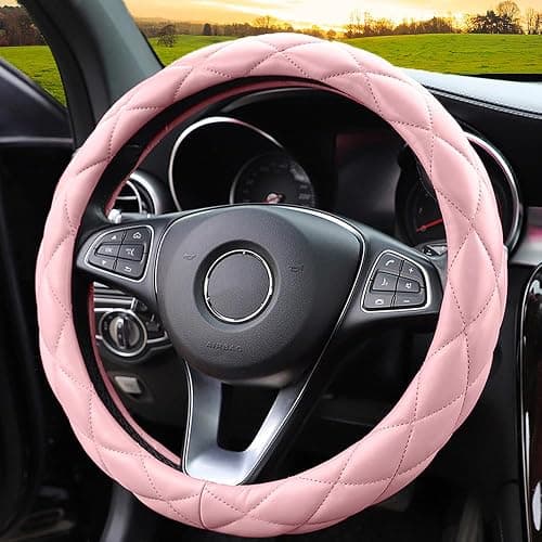 YHONGJT Soft Microfiber Leather Steering Wheel Cover, Universal 15 Inch for Women Girls, Fit Vehicles, Sedans, SUVs, Vans, Trucks - Light Pink - Image 1