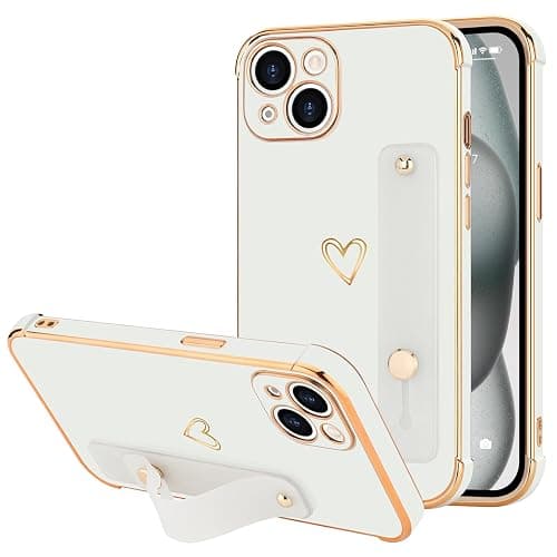 LLZ.COQUE for iPhone 15 Case with Strap Stand, White | Bling Luxury Cover, Cute Heart Design for Women Girls, Adjustable Hand Strap Stand, Shockproof Bumper Protection Phone Case - Image 1