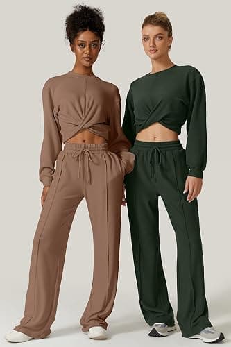 QINSEN Women 2 Piece Outfits Sweatsuit Set Twist Front Cropped Sweatshirt Wide Leg Sweatpant Lounge Set Tracksuit thumbnail 6