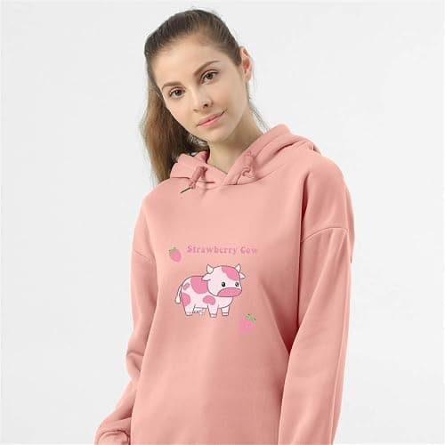 KEEVICI Pullover Sweatshirts for Women Cute Strawberry Cow Print Hoodie Casual Fuzzy Top thumbnail 2