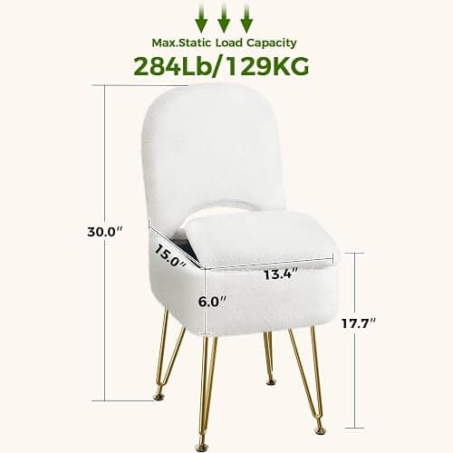 Greenstell Vanity Stool Chair with Storage and Folding Back, 13.4" L x15 W x 30.0" H Square Soft Ottoman, 4 Metal Legs with Anti-Slip Feet, Furry Padded Seat for Makeup, Bedroom, White thumbnail 3