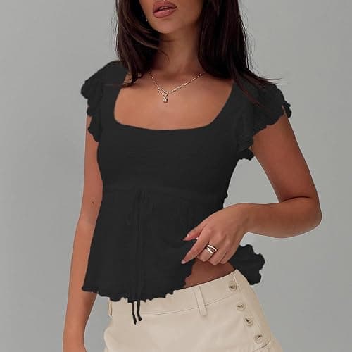 Women Y2k Square Neck Tops Cap Sleeve Ruffle Babydoll Layered Lettuce Trim Solid Color Going Out Shirts Tank Tops thumbnail 3