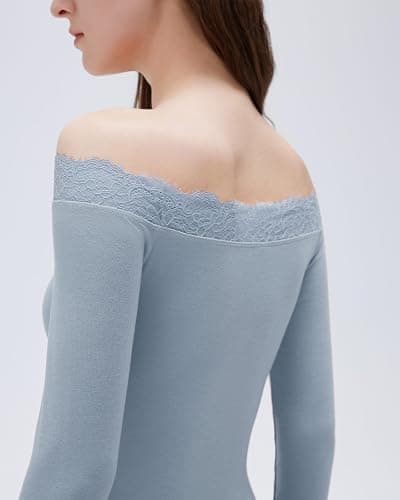 SUUKSESS Cloud Cashmere Women Lace Off Shoulder Long Sleeve Shirt Basic Knit Top thumbnail 5