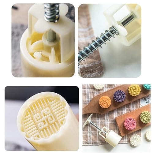 Moon Cake Mold 6 PCS, Mid Autumn Festival DIY Hand Press Cookie Stamps Pastry Tool Moon Cake Maker, Flower Mode Patterns 1 Mold 6 Stamps 50g (White). thumbnail 5