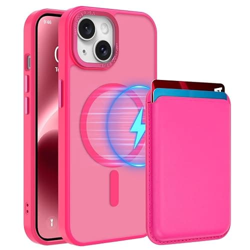 MOWIME Magnetic Designed for iPhone 14 Case 6.1" 2022, Hot Pink | [Compatible with Magsafe] [with Wallet & Card Holder] [Military Drop Protection] Slim Translucent Matte Phone Case - Image 1