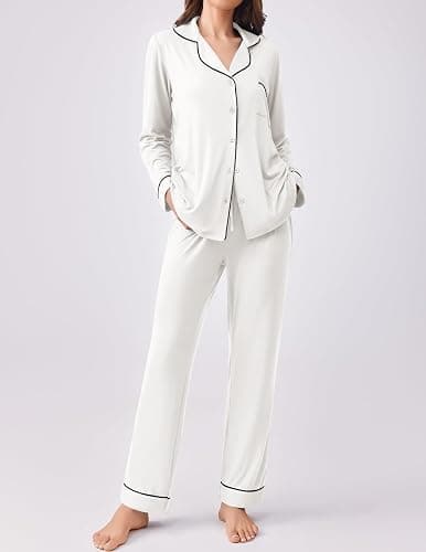 Ekouaer Womens Pajamas Set 2 Piece Button Down Pjs Soft Long Sleeve Top and Pants Sleepwear Set Lounge Sets thumbnail 3