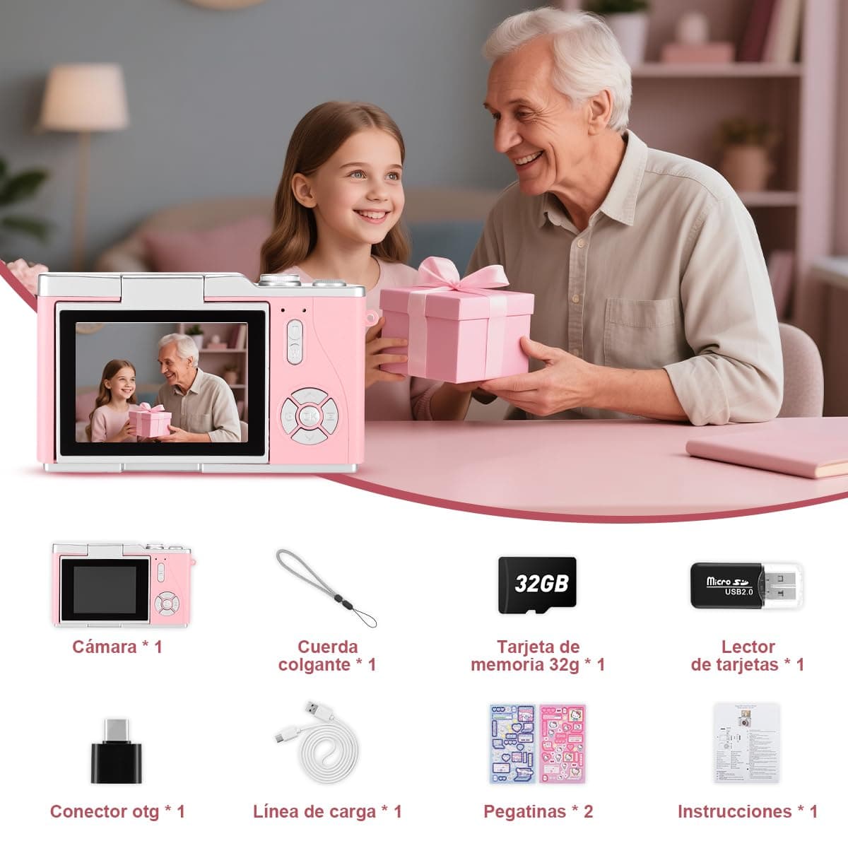 Cámara Digital 4K, Cámara Compacta HD 1080P 48MP，con Zoom de 8X, Enfoque Automático, Tarjeta de 32 GB, Pantalla Abatible de 2,4 Pulgadas,Adecuada para Estudiantes, Fotografía de Viajes y Vlogs (Rosa) thumbnail 9