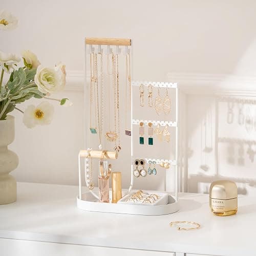 ProCase Jewelry Organizer Tower, 10 Hooks Jewelry Storage Rack Tree Holder Stand with Velvet Ring Display Tray for Necklaces Bracelets Earrings Rings Watches -White thumbnail 6
