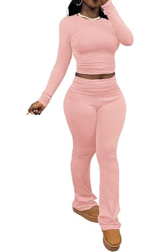 CLOCOR Womens 2 Piece Outfits Long Sleeve Flare Pants Matching Sets High Waist Fall Travel Outfits for Women thumbnail 2