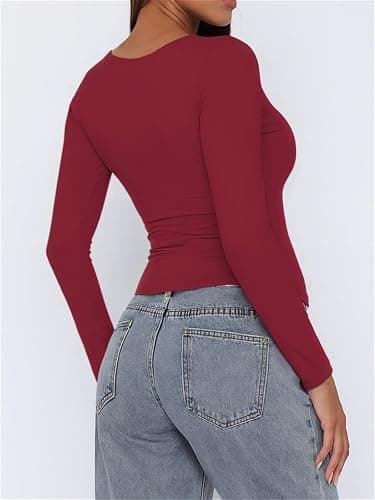 ForeFair Women Square Neck Long Sleeve Going Out Tops Tight Double Lined Basic Tees Shirt thumbnail 4