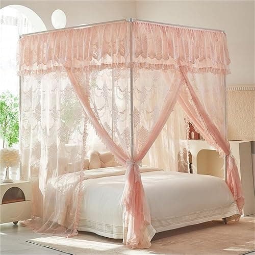 Miusocal Three-Door Floor Standing Bed Canopy with Metal Frame, Lace Canopy Bed Curtain, Elegant Lace Princess 4 Corner Post Mosquito Net, Bedroom Decoration(Pink,W78.7 x L86.6in) - Image 1