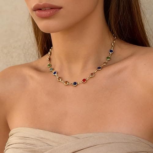 Women's Gold Tone Colorful Crystal Station Necklace - Dainty Rainbow Rhinestone Choker Chain, Boho Summer Beach Neck Accessory for Daily Wear - Image 1