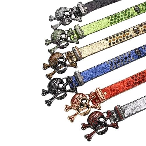 DINGYANGER Men Women Rhinestone Skull Studded Belts,Punk Skull Belt Bling Stylish Studded Leather Belt-1 5/9" thumbnail 5
