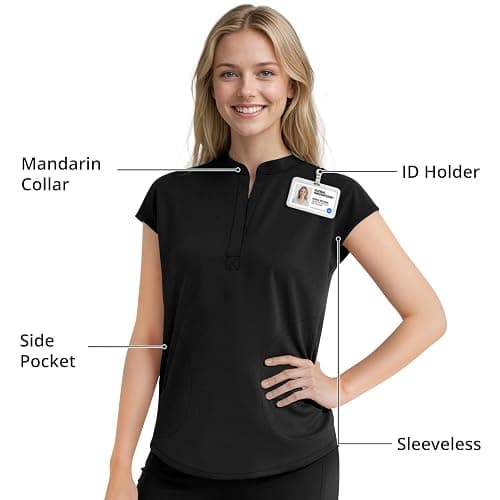 Dvoliaw Women's Sleeveless Scrub Set,9-Pocket Straight Leg, Yoga Waist | Stand-up collar top, straight leg pants w/ side slits. Soft stretch knit. Yoga waist. Wrinkle-free. For nurses/docs/vets. thumbnail 3