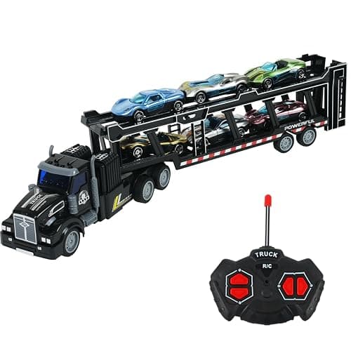 CALEST Remote Control Car Transporter Truck Includes 6 Cars, 14" 1:48 Car Transporter Semi Truck Toy, Equipped with 2 Rechargeable Batteries, Gifts Ideas for Boys Age 3-8 Year Old - Image 1